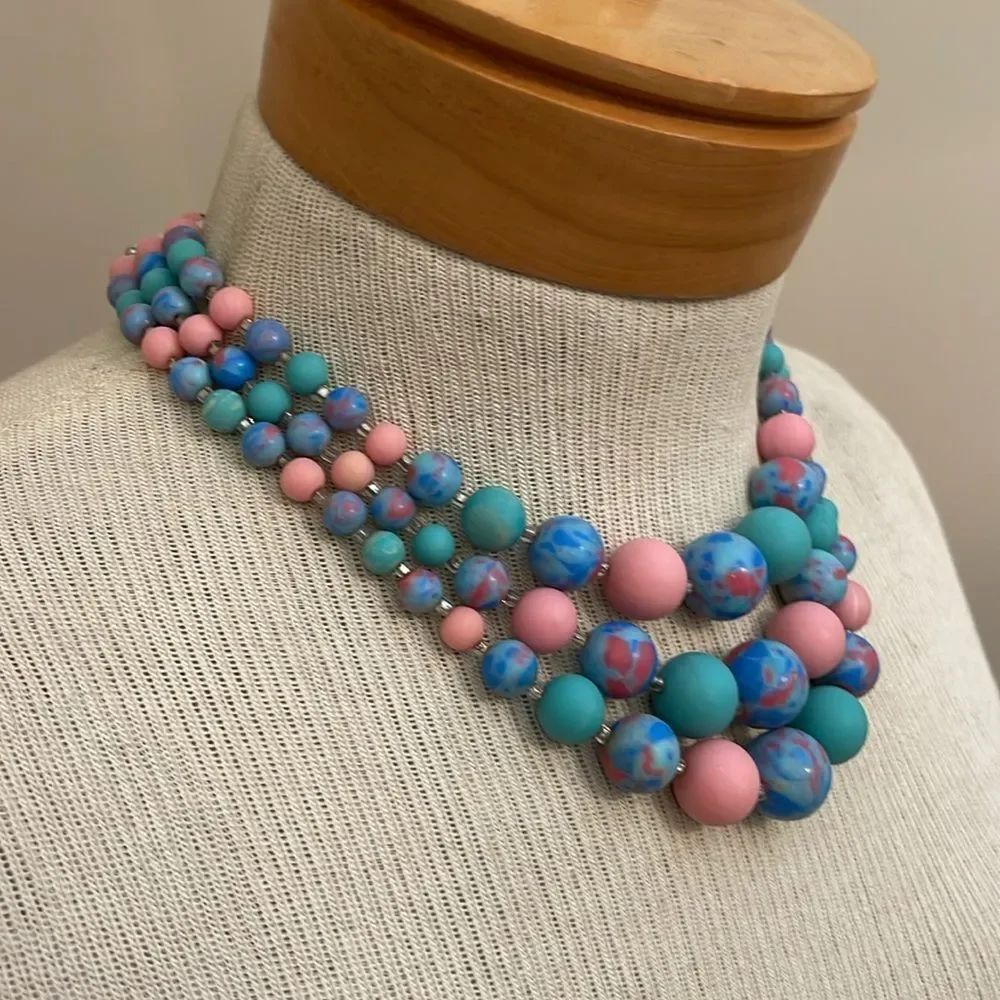 Vintage Japan Three Strand Pastel Candy Colored Beaded Necklace